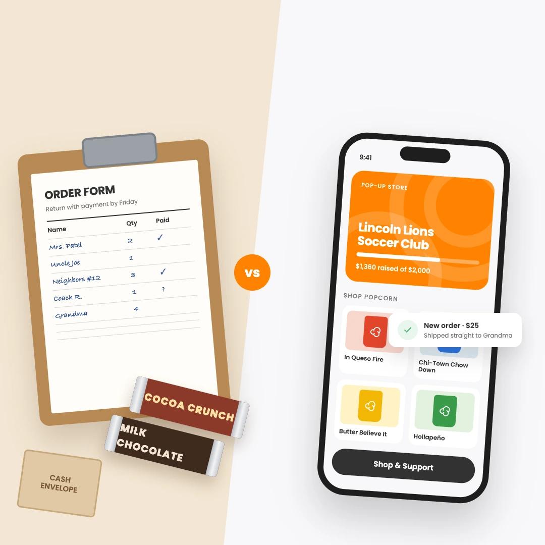 Traditional vs. online fundraising with candy bars, order forms, and a smartphone