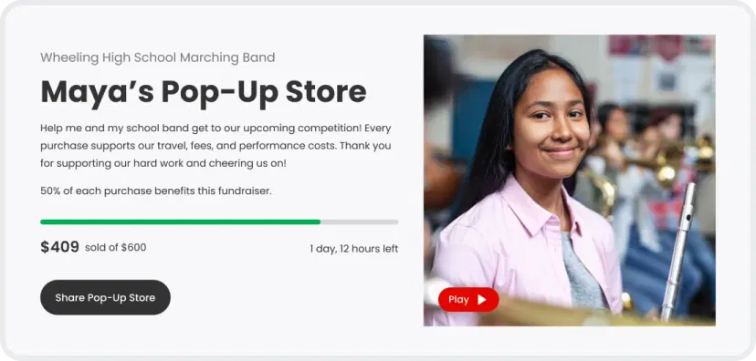Band fundraiser page for Maya’s Double Good pop-up store, showing $409 sold toward a $600 goal and a student musician holding a flute in a band classroom.