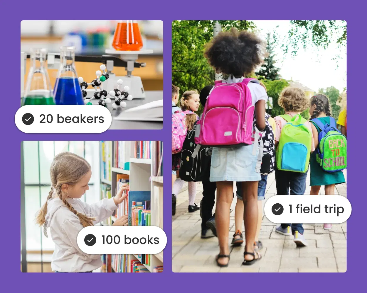 Collage showing beakers in a lab, children with backpacks walking outdoors, and a girl selecting a book in a library. Text reads: "20 beakers, 1 field trip, 100 books".