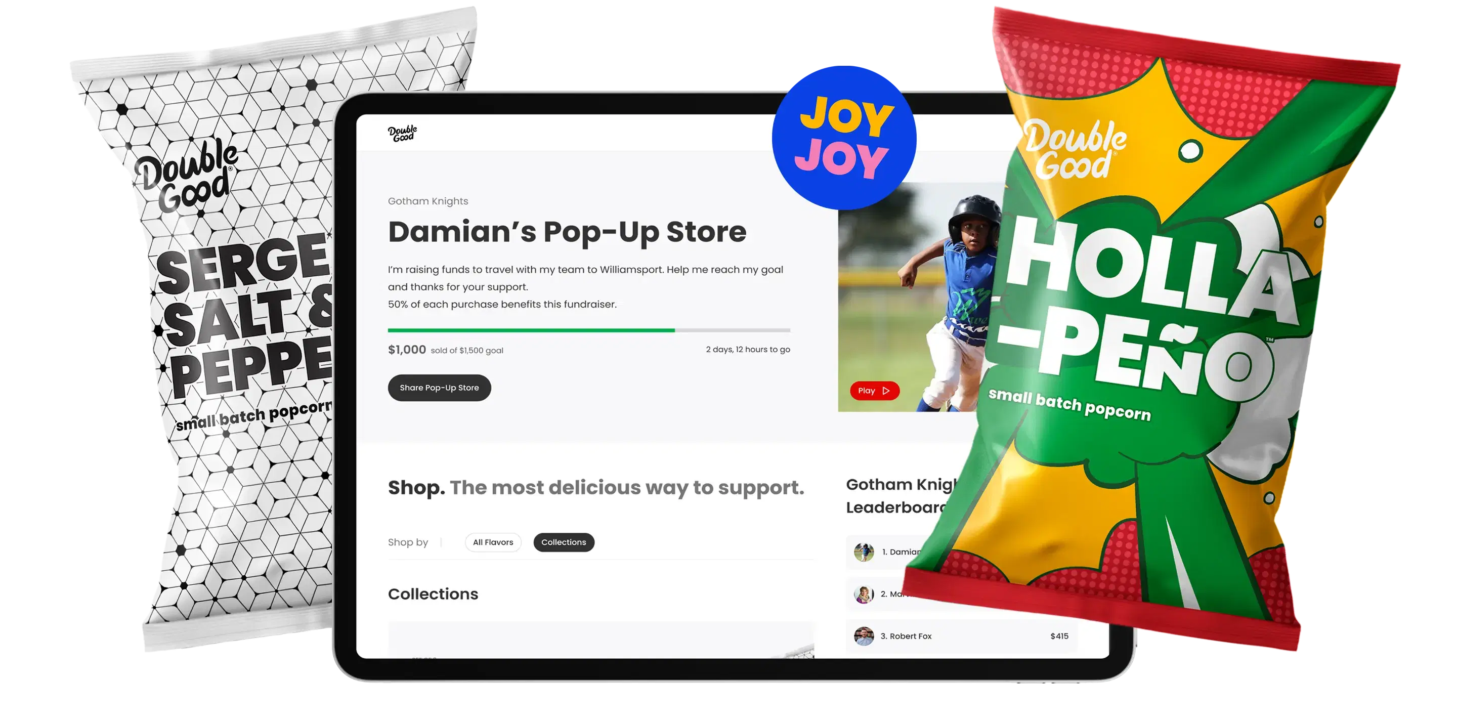 Tablet displaying a pop-up store page for "Damian's Pop-Up Store," surrounded by bags of popcorn labeled "Sergeant Salt & Pepper" and "Holla-Peño."