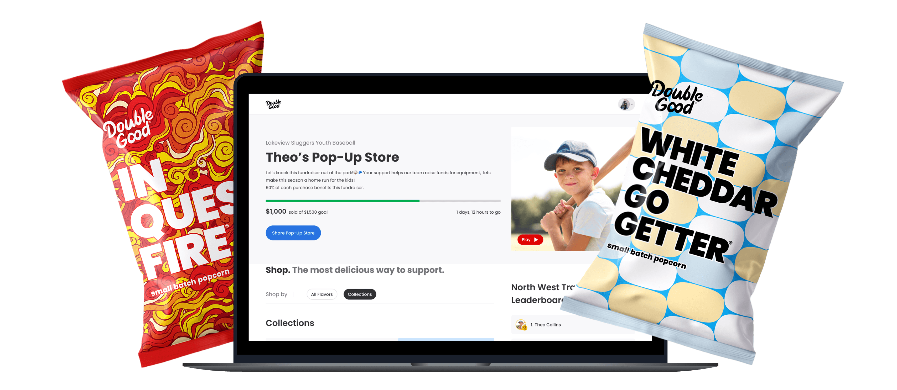 Double Good virtual fundraising platform shown on a laptop with two popcorn bags, highlighting an online pop-up store for easy virtual fundraisers.