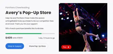 Cheer fundraiser page showing a cheerleader in mid-air and details about Avery's Double Good Pop-Up Store campaign, with $409 raised of $500 goal.
