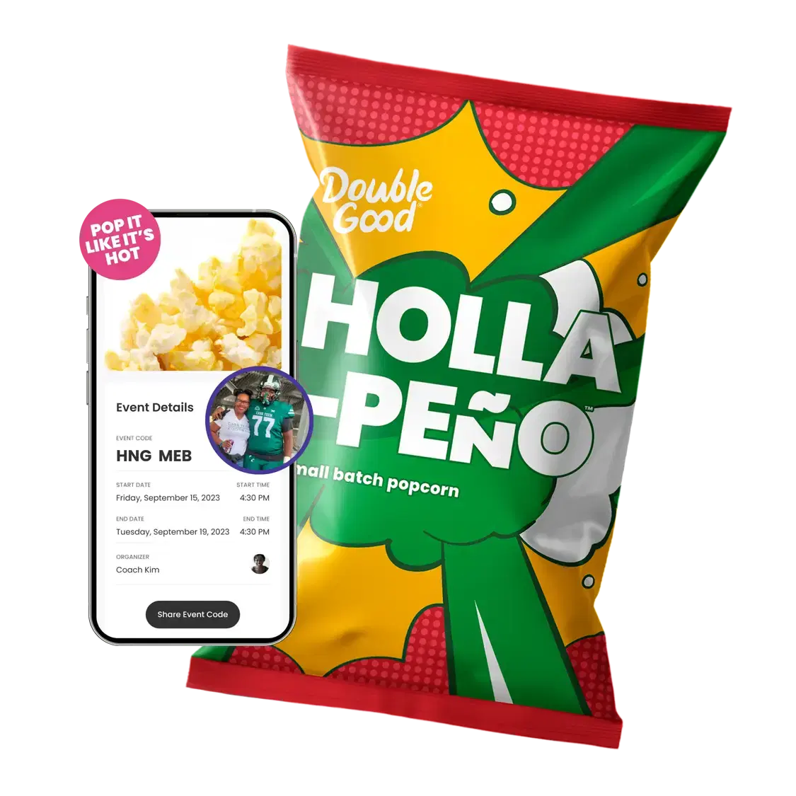 A picture of a bag of popcorn and a mobile phone with an event on it.