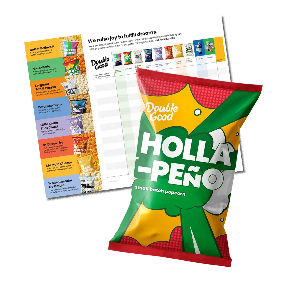 Bag of "Holla-Peño" popcorn with a colorful flavor chart in the background, featuring various popcorn varieties.