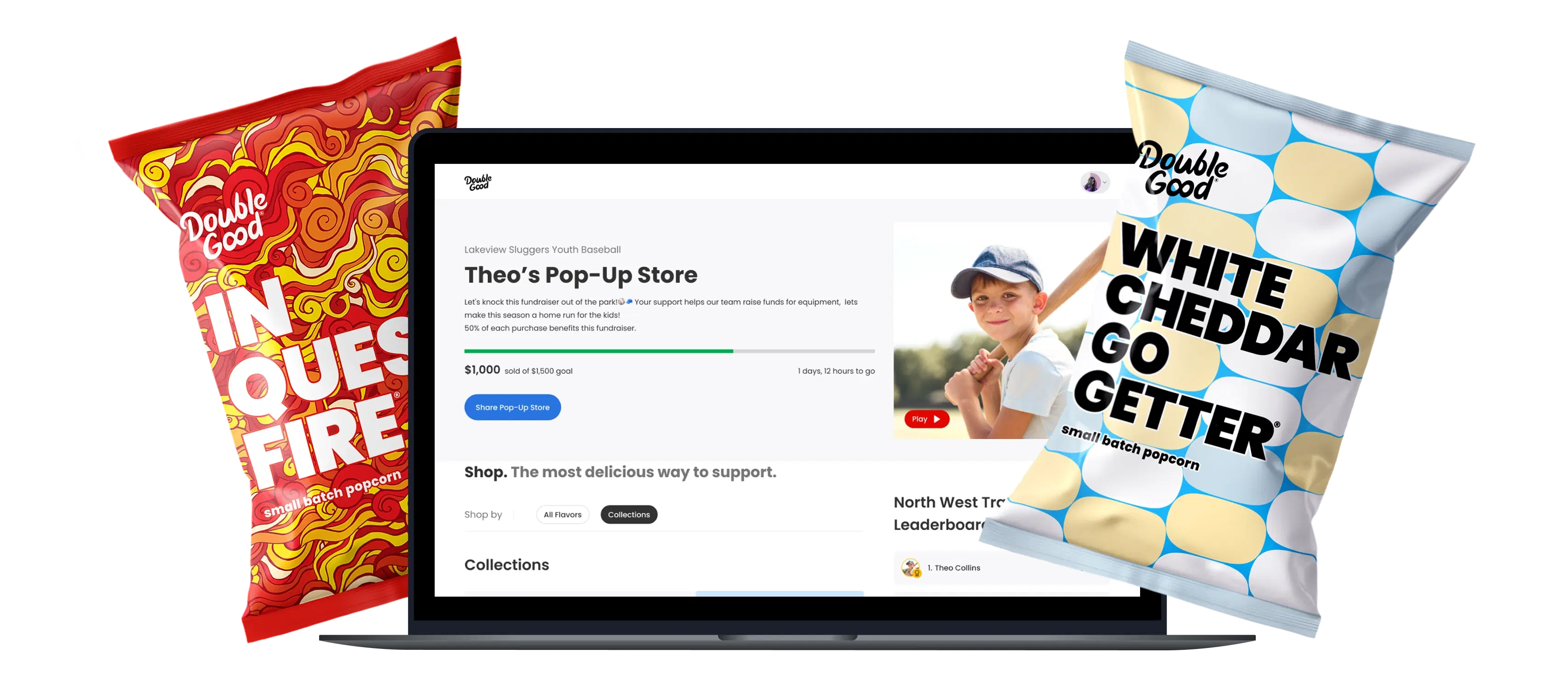 Laptop showing a Double Good Pop-Up Store fundraiser page with Double Good popcorn bags on both sides.