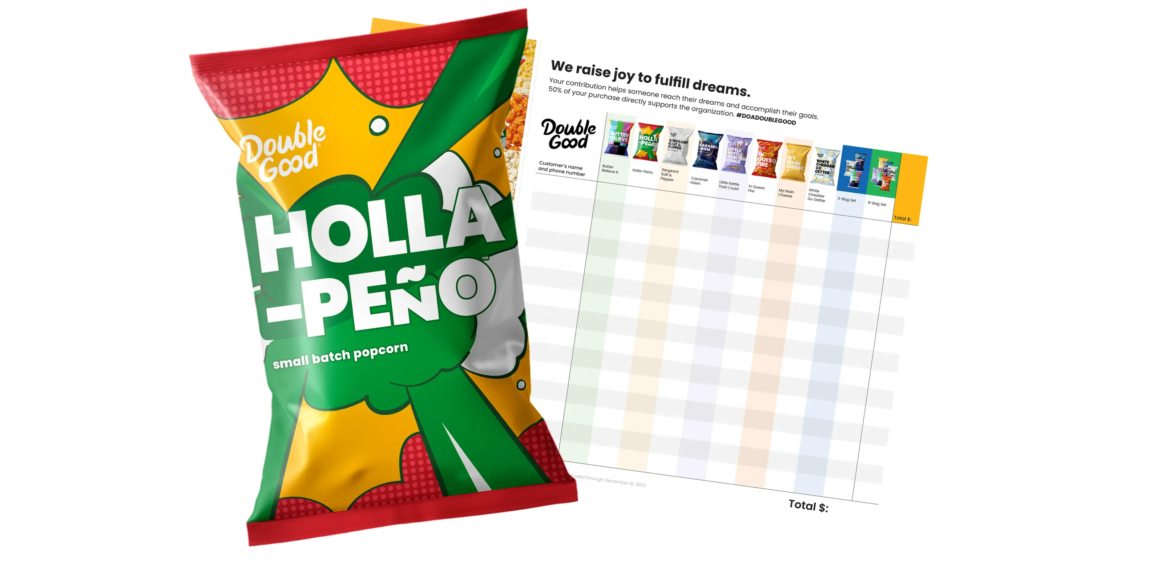 A bag of "Holla-Peño" popcorn next to a colorful product catalog from Double Good.